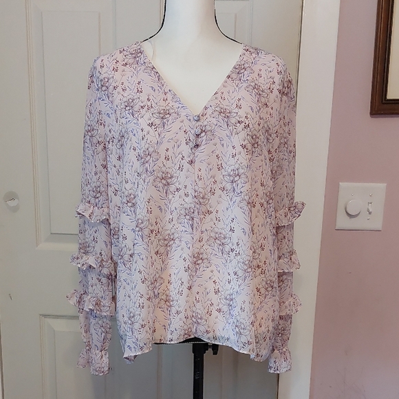 1. State Tops - 1.state Sugar Plum Dusty Orchid Floral Print V-neck Blouse Tiered Ruffle Sleeves